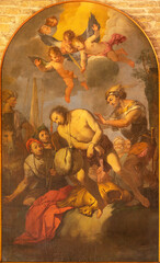 VICENZA, ITALY - NOVEMBER 6, 2023: The painting of Martyrdom of St. Florian in Basilica dei Santi Felice e Fortunato by unknown artist. - obrazy, fototapety, plakaty