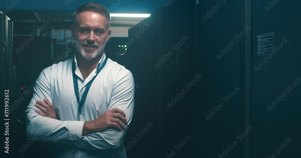 Leinwandbilder man, server room and arms crossed for information technology, business cybersecurity or gdpr managem