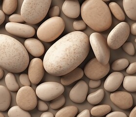 Fototapeta na wymiar flat-lay view, close up of a group of matte, round pebbles in sand beige color, adorned with beautiful patterns. Isolated on light brown background. 