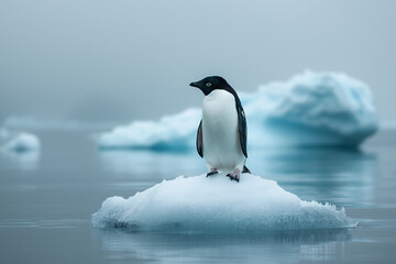 A Adelie Penguin on an floating iceberg in Antarctica.
