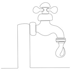 Water faucet with dripping water. Plumbing. Illustration of drawing a continuous line