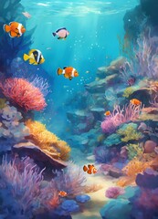 Fototapeta na wymiar 水中世界の概念の背景のイラスト。海の魚｜Illustration of underwater world concept background. sea fish.Generative AI