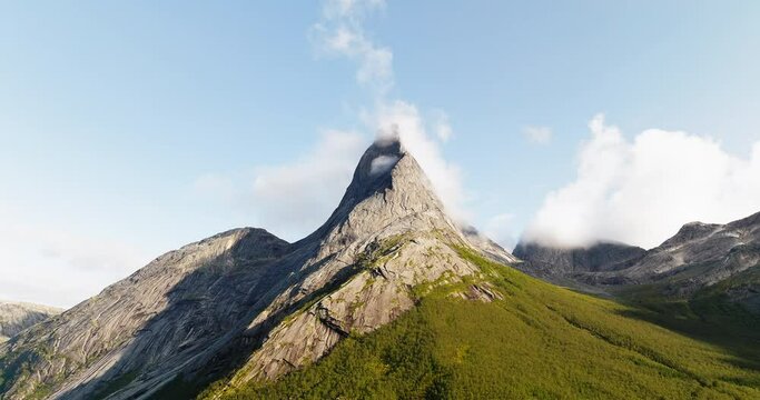 Stetind Mountain Peak On A Sunny Day In Daytime In Narvik, Nordland, Norway. - tilt up shot