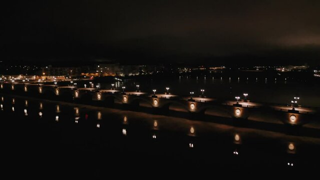 Pont de Pierre, Night Lights Reflection, Bordeaux - aerial