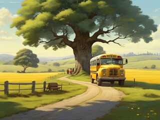 School bus on the village road 