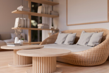 A copy space on a minimal wood coffee table and a wicker sofa in a modern, Scandinavian living room.