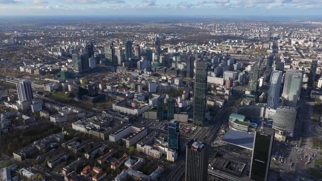 Aerial slider shot over Central Warsaw skyscrapers
