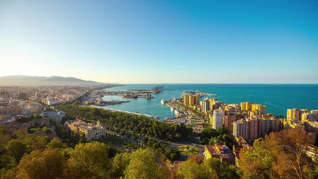 Beautiful coastal area of Malaga - Spain, with blue coean and high rise hotels. Aerial timelapse.