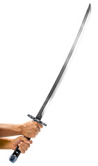 ็Hand's holding Samurai Sword or Rapier isolated on white background, Sliver Samurai Sword with long blade on White Background With clipping path.