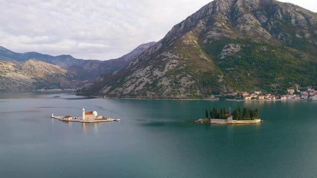 Stunning Baroque Town of Perast, Montenegro Aerial Panorama over St. George and Our Lady of the Rocks