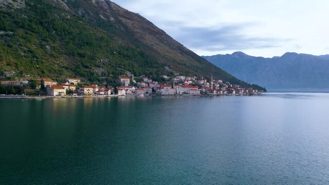 Idyllic Town of Perast, Picturesque Waterfront Aerial Pano, Montenegro, Adriatic