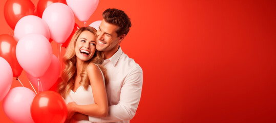 Thirty year old newly married couple hugging each other with pink and red balloons, studio photo, red background with copy space. Valentine's day concept. Valentine's day concept. Generative AI
