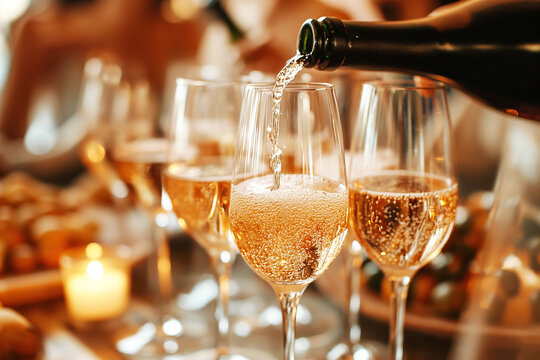 Close up Pouring champagne into wine glasses, a wedding celebration party.