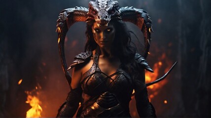 woman with devil horns, in darkness and flames in the background.
