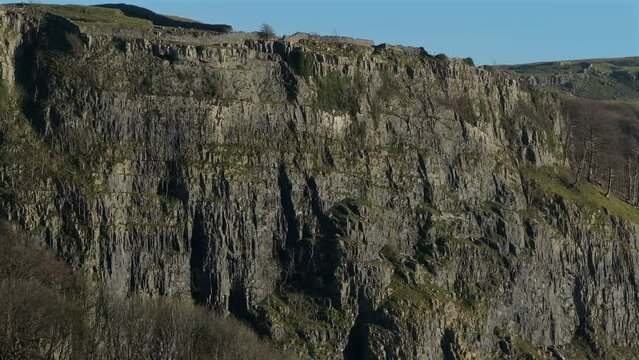 Closeup Drone Shot of Steep Rocky Cliff Face near Stainforth Yorkshire