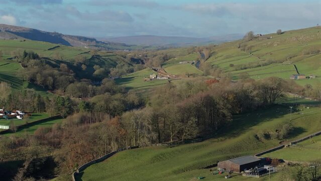 Establishing Aerial View of Yorkshire Dales Landscape with Trees Winter