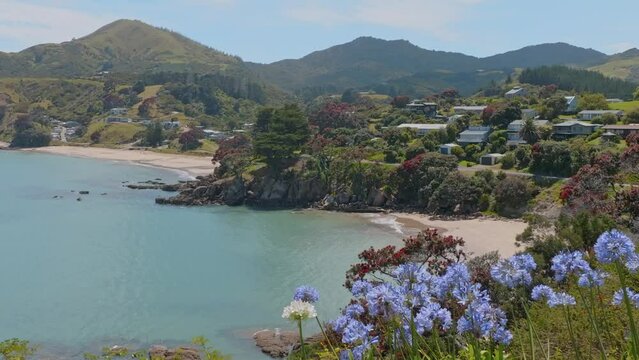 Aerial: Calm ocean beach in summer. Waitete Bay, Coromandel Peninsula, New Zealand.