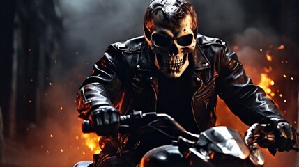Fototapeta premium skeleton riding a motorcycle, black jacket with flaming skull head, scary expression and bringing death, full of revenge in the darkness