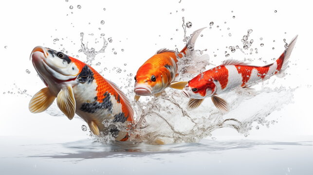Group of Koi fish jumping in water isolated on white background. AI Generative.