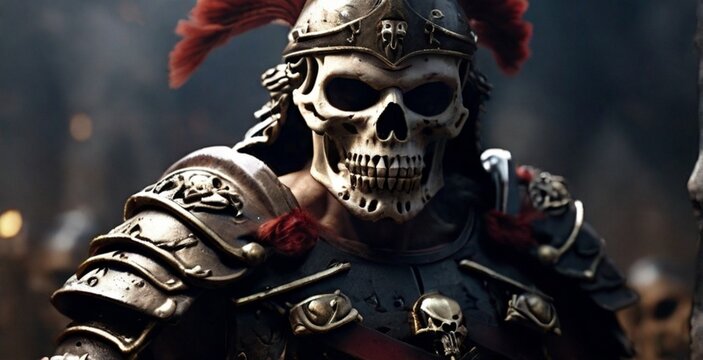 Ancient Roman skull war soldier, after the war ends, closeup.