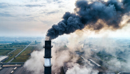 industrial scene with black smoke billowing from factory chimney, symbolizing environmental harm, global warming, and air pollution crisis. - obrazy, fototapety, plakaty