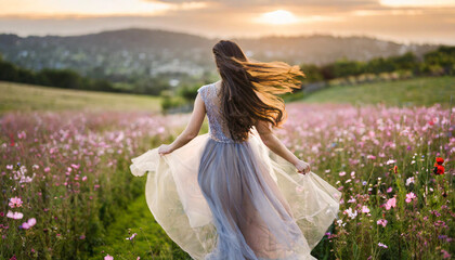 woman in translucent dress runs with flowing hair, embodying freedom and vitality