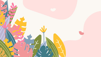 Colorful colourful vector floral hello spring concept background. Vector summer background with vegetation, flower, and leaf for poster, banner, and presentation