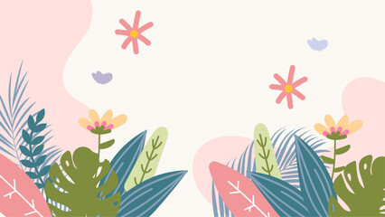 Colorful colourful vector illustrated floral spring background with flowers and leaves. Vector summer background with vegetation, flower, and leaf for poster, banner, and presentation