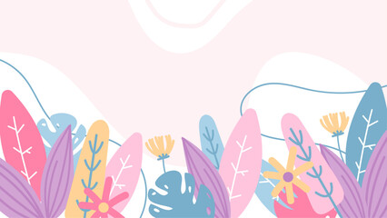 Colorful colourful vector spring background with plants, leaves and floral composition, simple and trendy style. Vector summer background with vegetation, flower, and leaf for poster, banner