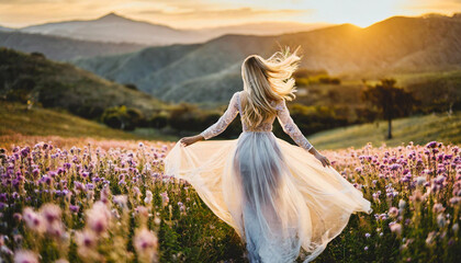 woman in translucent dress runs with flowing hair, embodying freedom and vitality