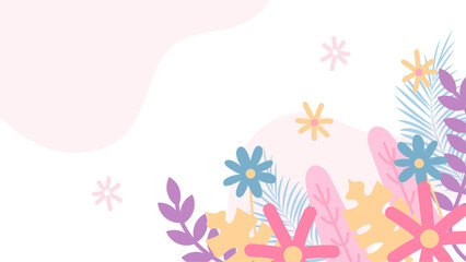 Fototapeta na wymiar Colorful colourful vector illustrated floral spring background. Vector summer background with vegetation, flower, and leaf for poster, banner, and presentation