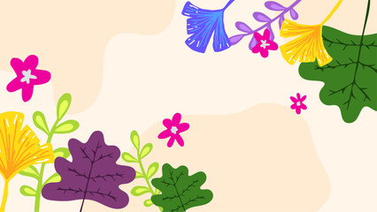 Colorful colourful vector beautiful spring background with hand drawn flowers and leaves. Vector summer background with vegetation, flower, and leaf for poster, banner, and presentation