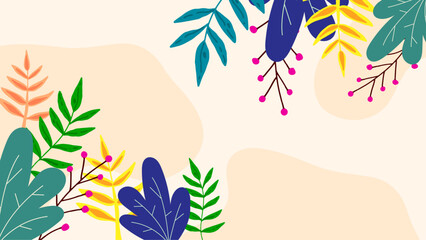 Fototapeta na wymiar Colorful colourful vector illustrated floral spring background with flowers and leaves. Vector summer background with vegetation, flower, and leaf for poster, banner, and presentation
