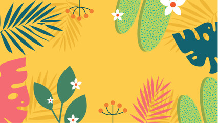 Colorful colourful vector illustration spring background with flowers and leaves. Vector summer background with vegetation, flower, and leaf for poster, banner