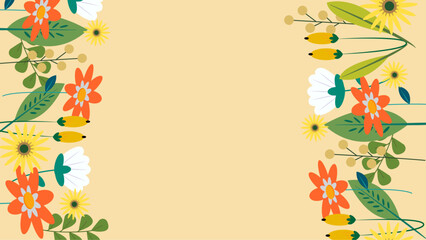 Fototapeta na wymiar Colorful colourful vector illustrated floral spring background with flowers and leaves. Vector summer background with vegetation, flower, and leaf for poster, banner