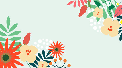 Fototapeta na wymiar Colorful colourful vector spring background with plants, leaves and floral composition, simple and trendy style. Vector summer background with vegetation, flower, and leaf for poster, banner