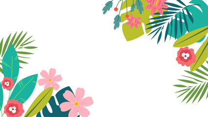 Colorful colourful vector illustration spring background with flowers and leaves. Vector summer background with vegetation, flower, and leaf for poster, banner - obrazy, fototapety, plakaty