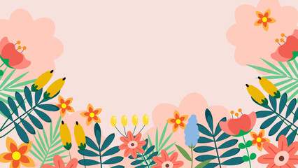 Fototapeta na wymiar Colorful colourful vector floral hello spring concept background. Vector summer background with vegetation, flower, and leaf for poster, banner
