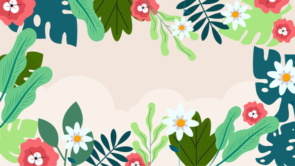 Colorful colourful vector floral hello spring concept background. Vector summer background with vegetation, flower, and leaf for poster, banner