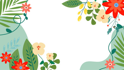 Fototapeta premium Colorful colourful vector beautiful spring background with hand drawn flowers and leaves. Vector summer background with vegetation, flower, and leaf for poster, banner