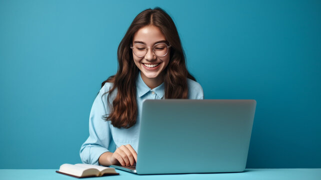 Smiling teen girl using laptop for online study