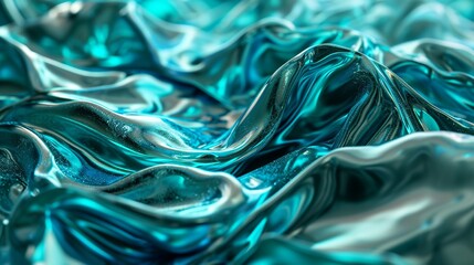 Abstract fluid 3D render holographic iridescent neon curved wave in motion turquoise background. Gradient design element for banners, backgrounds, wallpapers, and covers. - obrazy, fototapety, plakaty