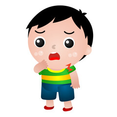 Illustration of a boy in various poses: sick, sick, stomach ache, runny nose