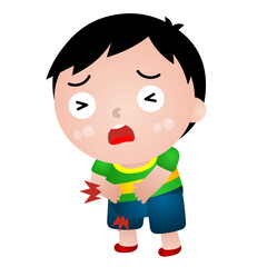 Illustration of a boy in various poses: sick, sick, stomach ache, runny nose