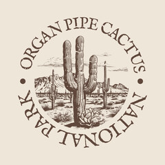 Organ Pipe Cactus, Arizona Illustration Clip Art Design Shape. National Park Vintage Icon Vector Stamp.