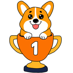 Cartoon Corgi dog in Trophy cup winner 