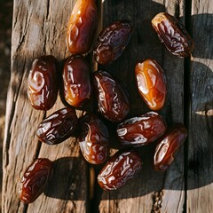 Fresh dates fruit arranged on a rustic wooden table