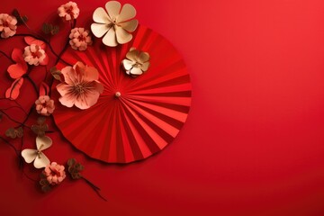 Overhead view Chinese New Year theme decorative red background with copy space.