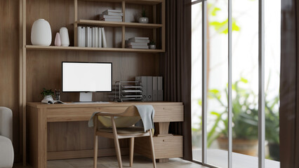 Interior design of a modern private office or home office with a computer mockup on a wooden desk.
