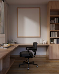 A large frame poster mockup on the wall in a modern, minimal office.